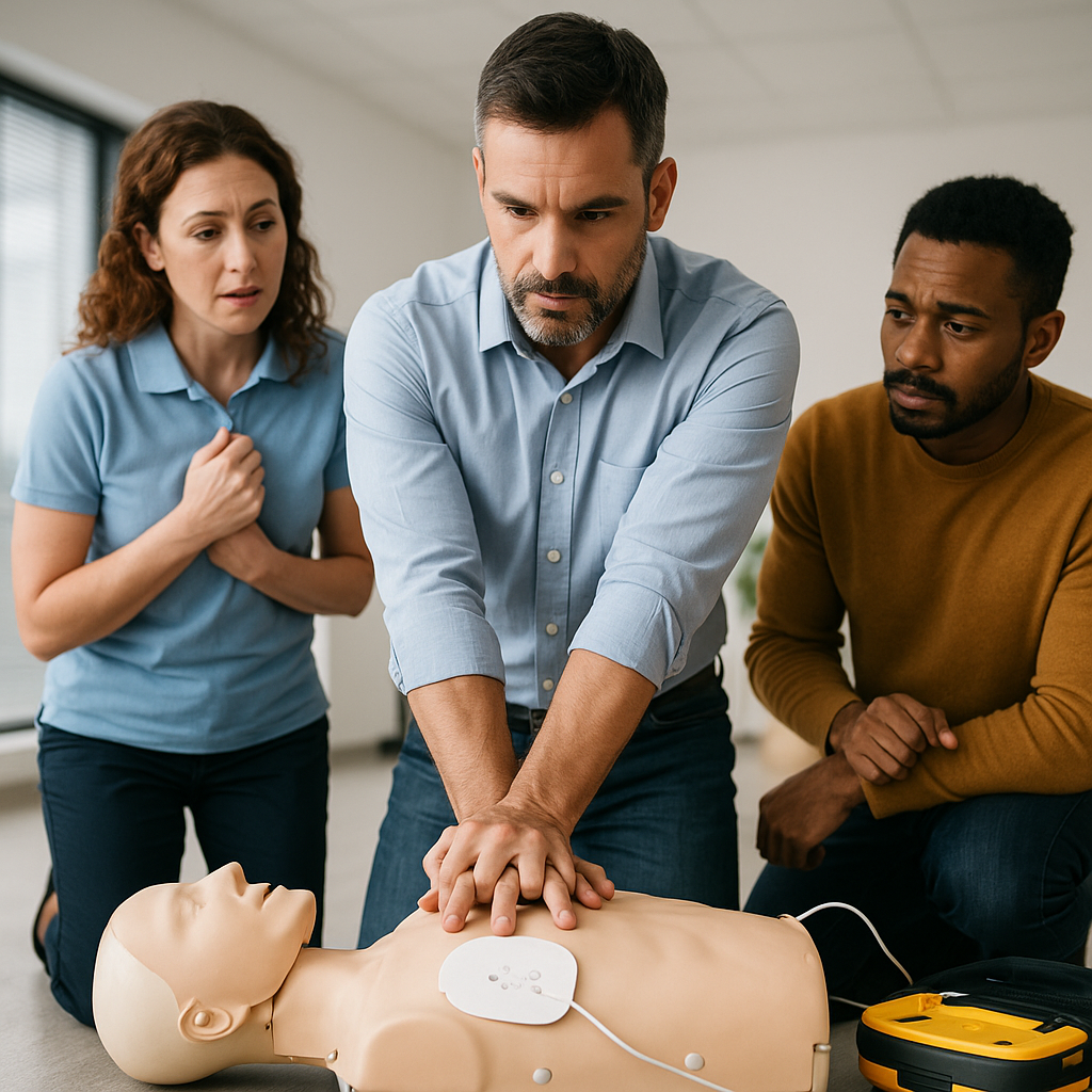 Team receiving CPR and AED training in a Sydney workplace as part of improving workplace CPR readiness and safety.