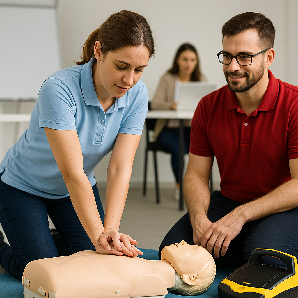 A trainer supervising a student performing CPR on a manikin during a practical class, representing online and face-to-face First Aid training in Sydney.