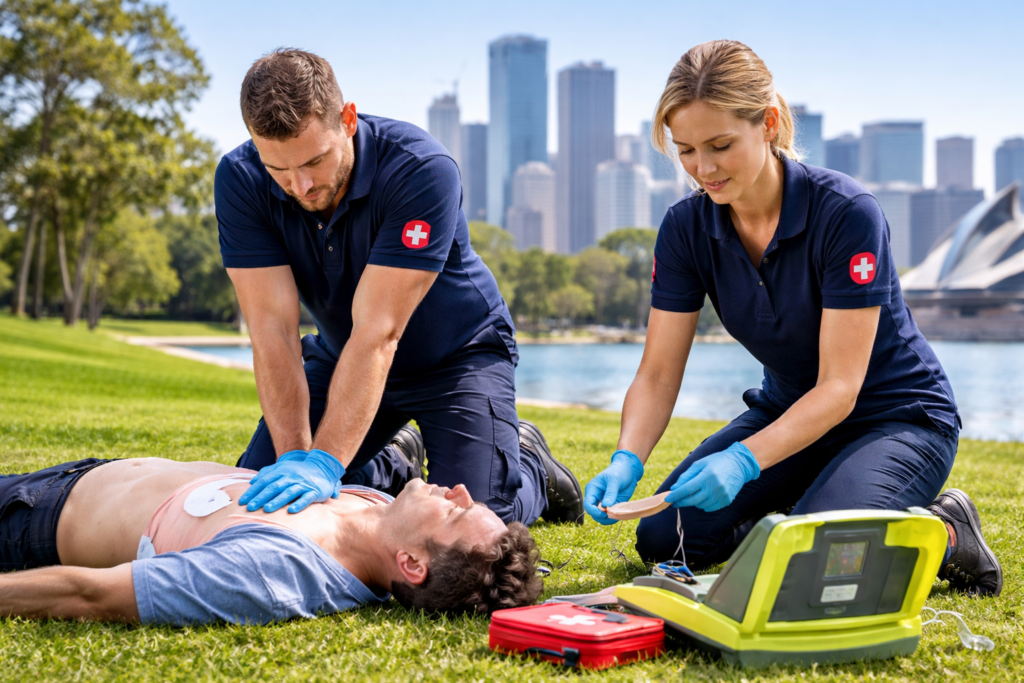 AED vs CPR training in Sydney showing CPR and AED used together during a cardiac emergency