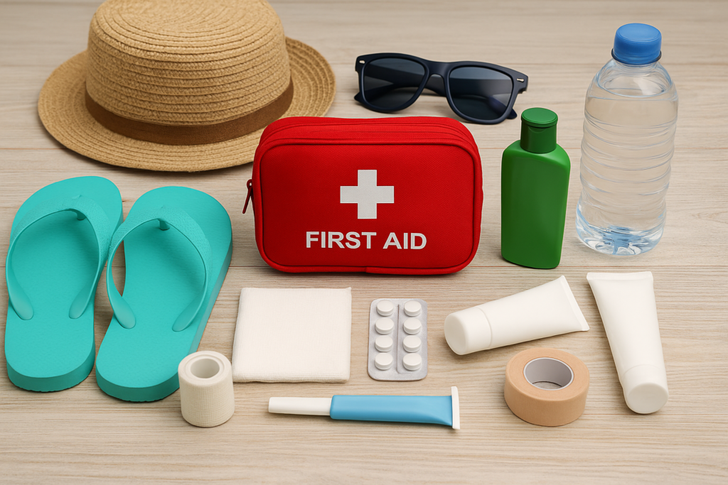 Summer first aid checklist for Aussie holidaymakers featuring a beach hat, sunglasses, first aid kit, sunscreen, water bottle and essential travel safety items.