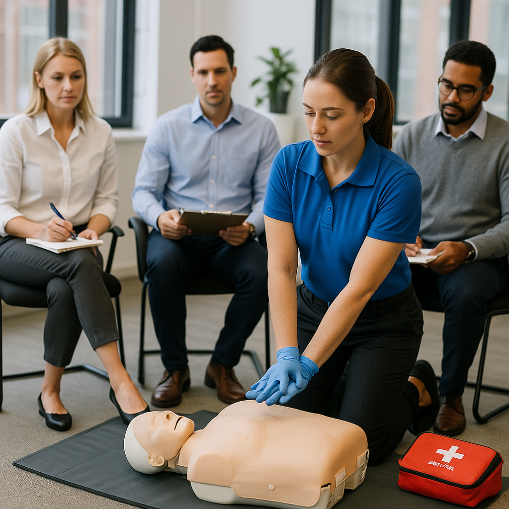Staff completing CPR training during a workplace First Aid session in Sydney, ideal for businesses looking to book staff First Aid course 2026.