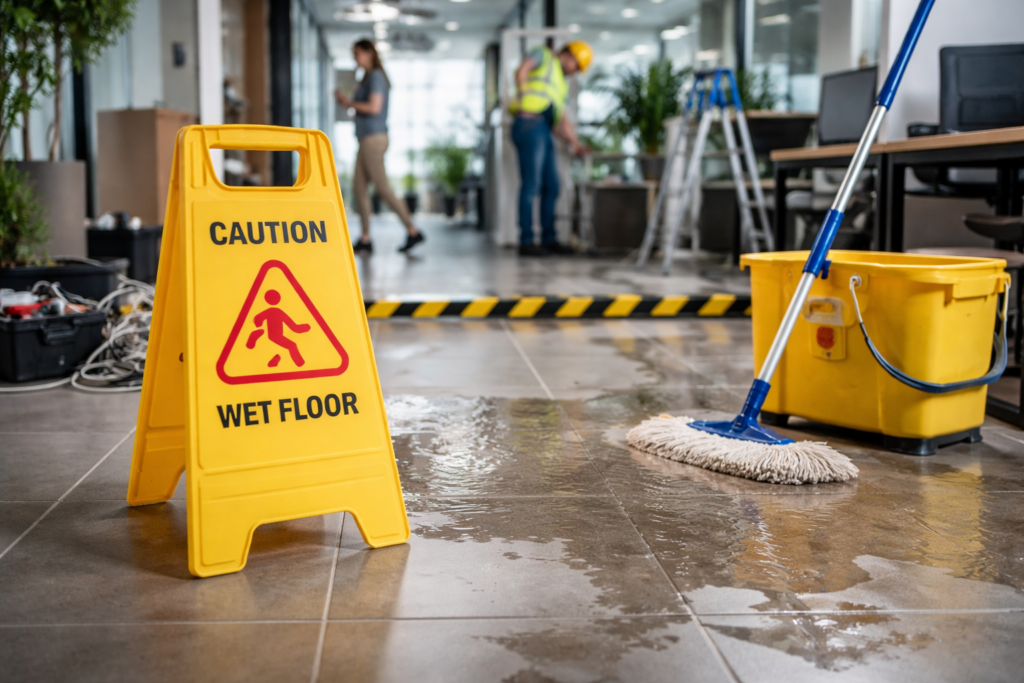 Workplace safety measures showing how to reduce slips, trips, and falls at work in an NSW office environment