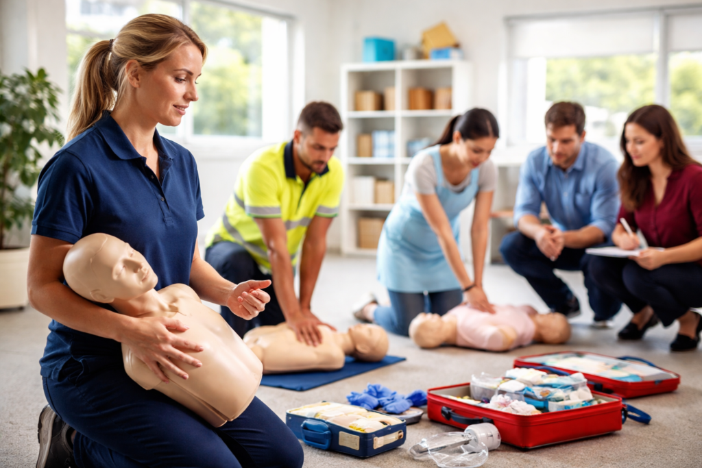 First aid training session in NSW showing CPR and first aid techniques in a Sydney classroom