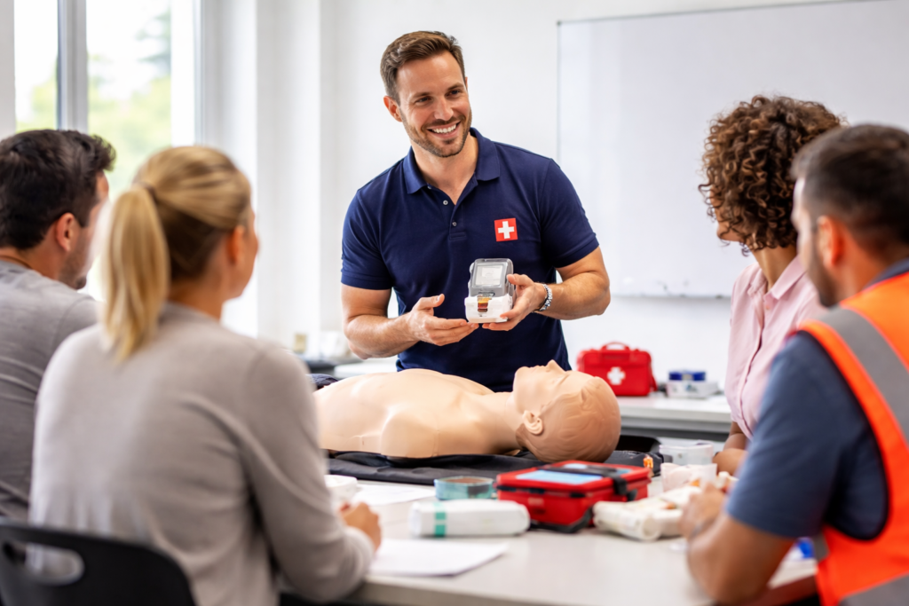 First aid trainer in Sydney delivering CPR training with AED demonstration during a first aid course