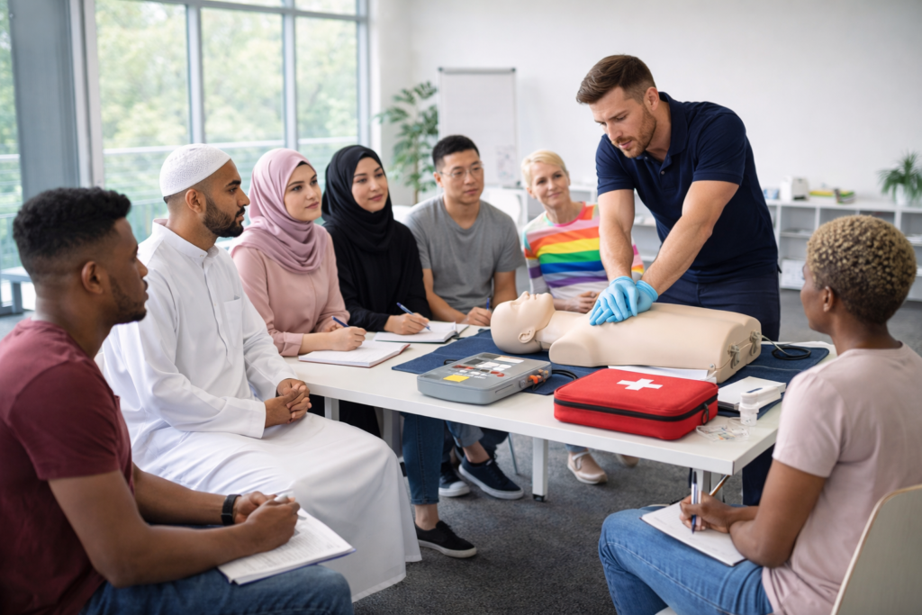 Diverse group of adults attending a CPR training session with an instructor demonstrating chest compressions on a mannequin