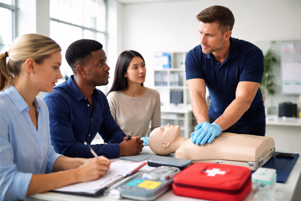 Workplace first aid training session in Sydney demonstrating CPR for WHS compliance requirements in NSW small business